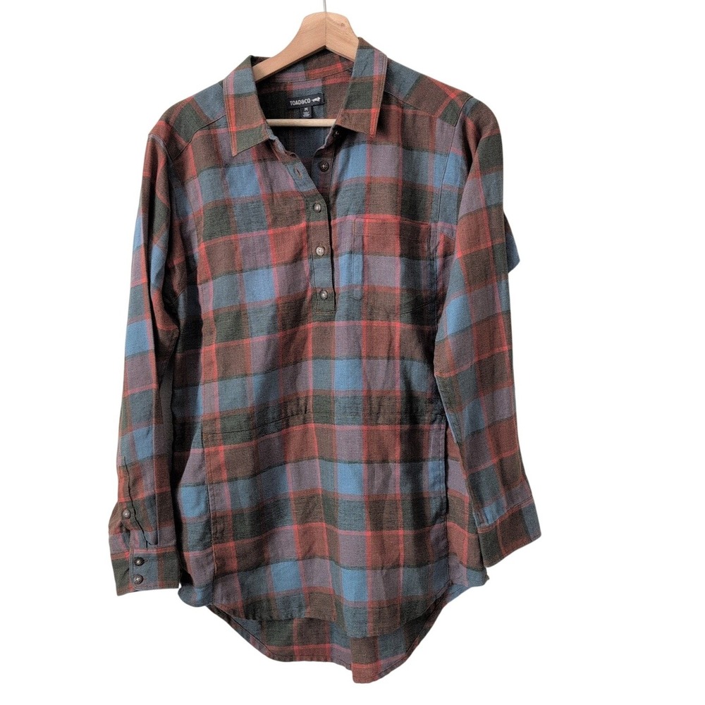 Toad&Co‎ Cairn Popover Tunic Womens Medium Plaid Flannel Shirt Brown Gorpcore